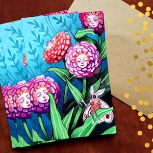 Cartão postal Zinnia Flowers and Moth - Cartão postal 4x6 - Pintura de ilustração de flores - Arte da mariposa - Natureza - Arte primavera/verão