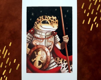 Leopard Gecko Knight art print - Gecko art prints - Watercolor Painting Illustration - Reptiles art - Gecko Wall Decor - Small Prints 6x9