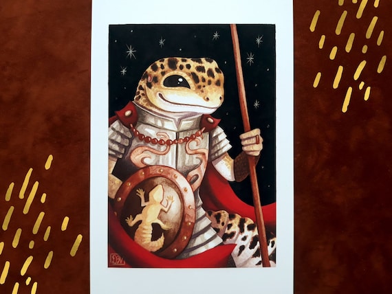 Leopard Gecko Knight art print - Gecko art prints - Watercolor Painting Illustration - Reptiles art - Gecko Wall Decor - Small Prints 6x9