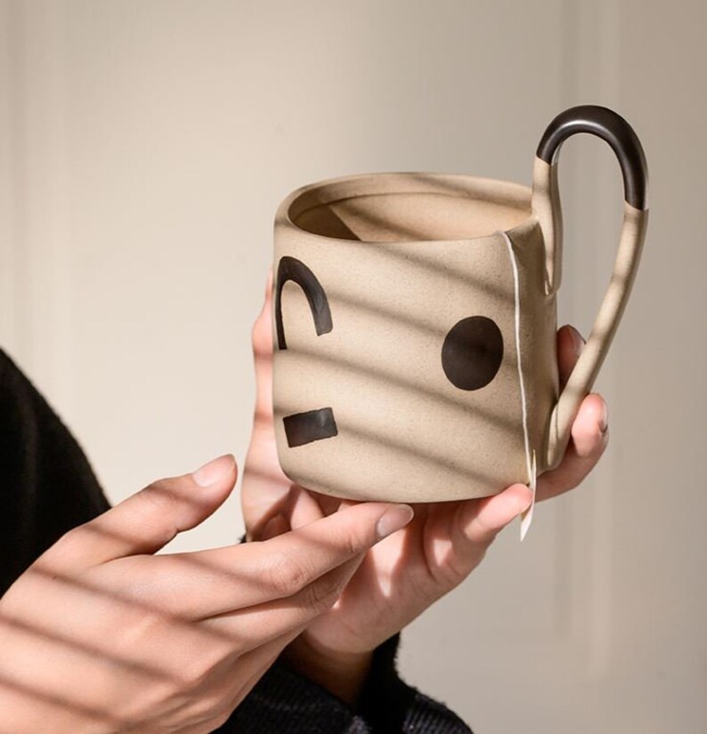 380ml Stoneware Coffee Mug With Unique Handle Geometric Etsy