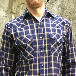 Vintage 90s Plains Dark Blue Plaid Snap Front Western Shirt, XS/S, 90s Vintage Cowboy Rockabilly Pearl Snap Shirt
