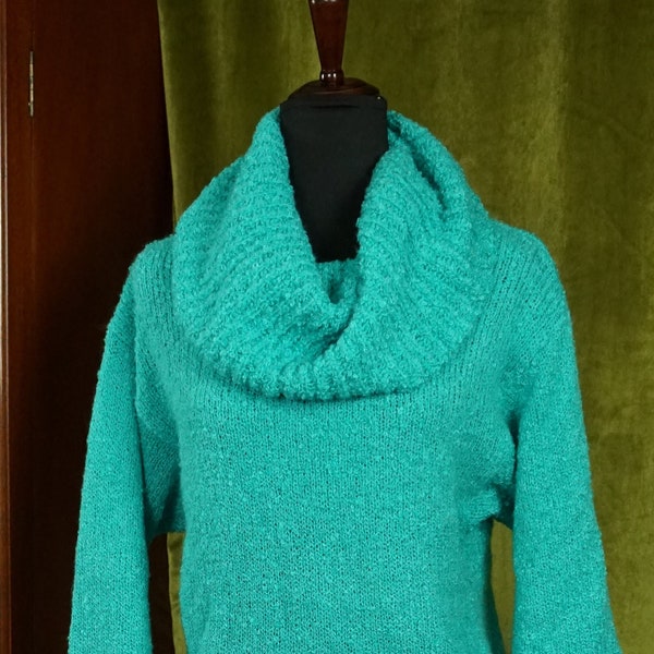 Vintage 80s Chunky Teal Boucle Cowl Neck Sweater, Small, Cozy Aquamarine Nubby Knit Sweater, 80s Sweater, Minimalist Sweater