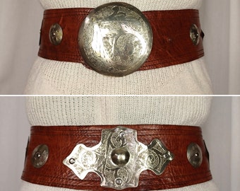 Vintage 90s Y2K Moroccan Leather Medallion Belt, 32” – 36”, Statement Belt, Festival, Boho, Western, Gift For Her, Genuine Leather