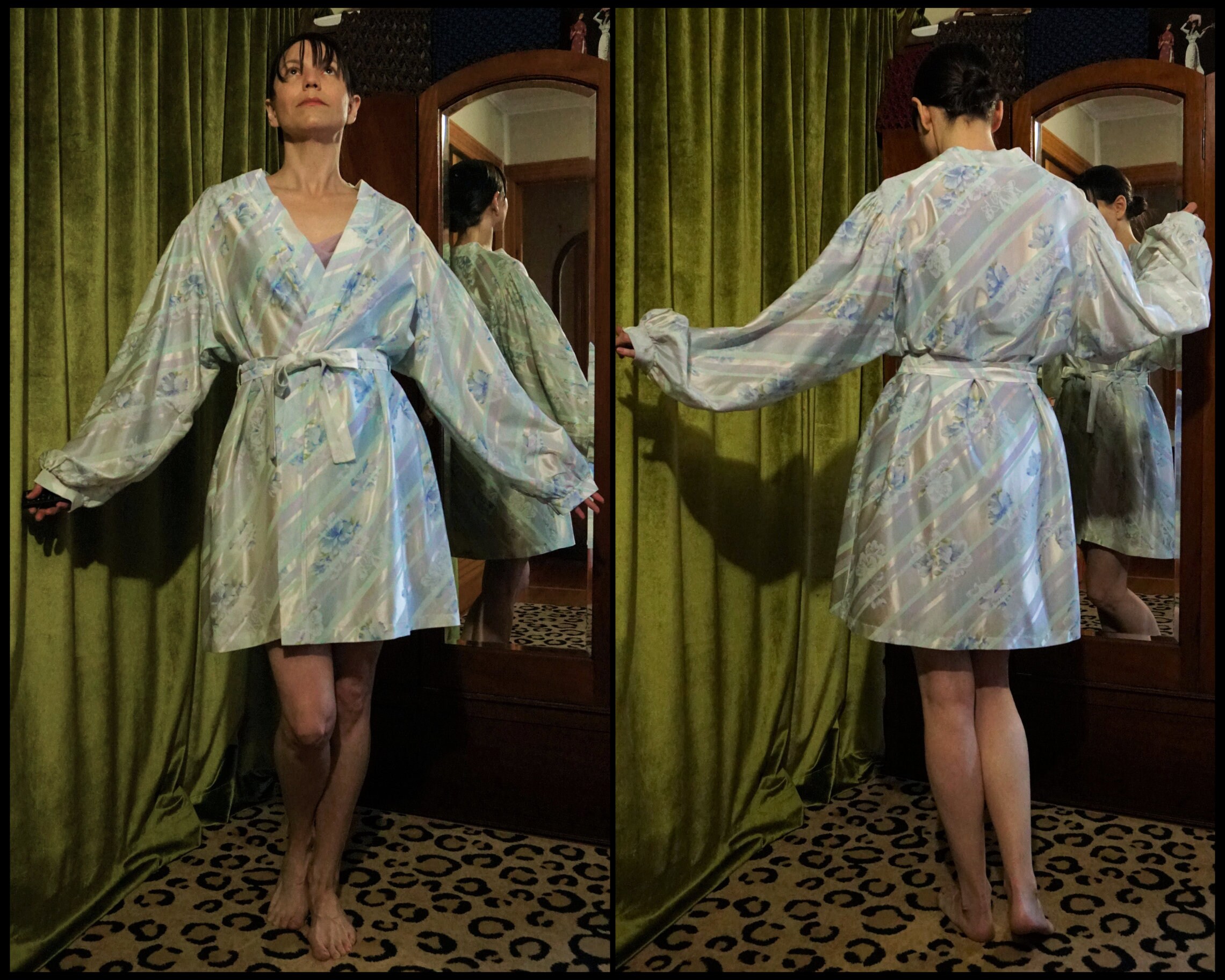 Kleding Dameskleding Pyjamas & Badjassen Jurken Original Vintage 1970s Meadow Floral Blossoms Patterned Cream Silk Kimono Gown Robe 