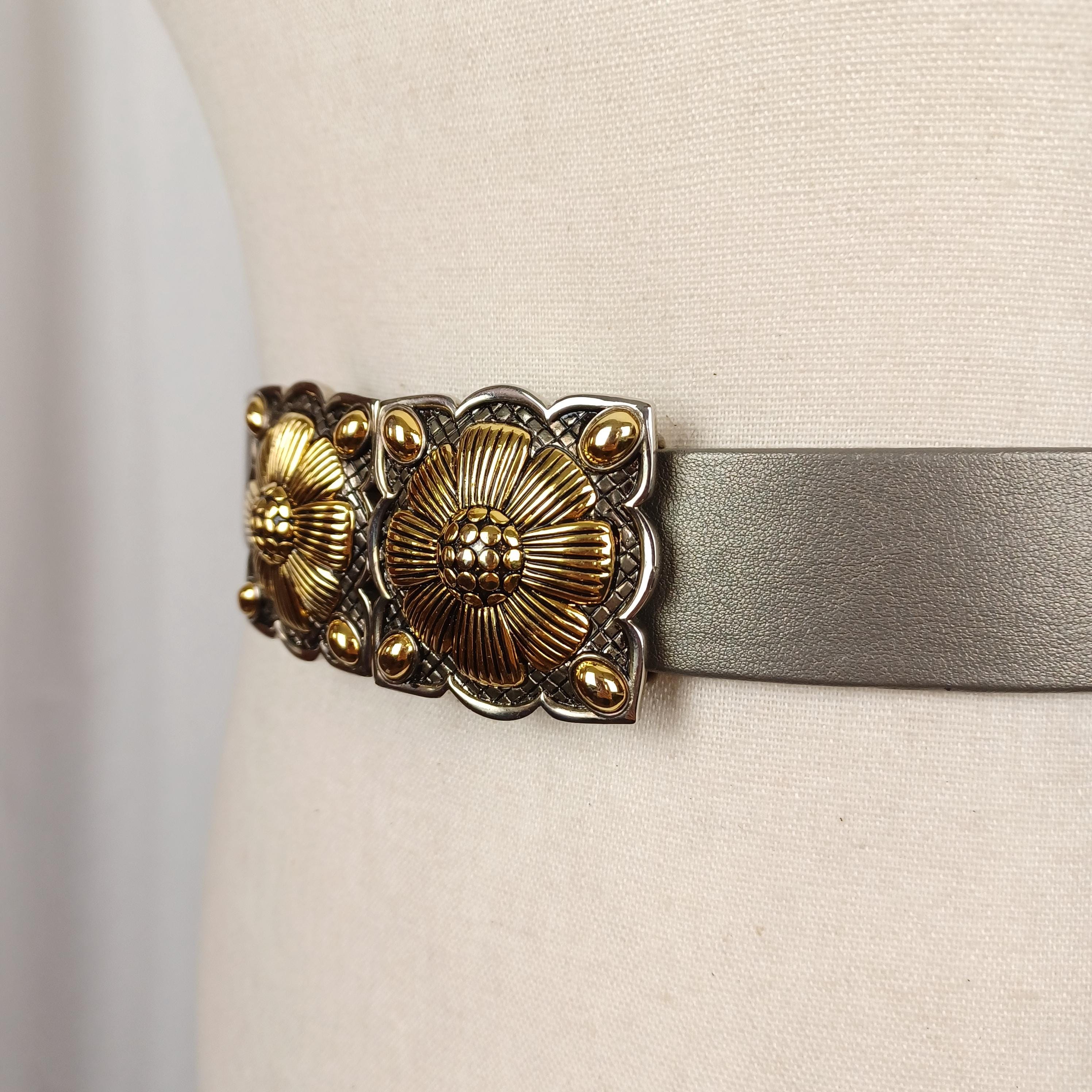 Vintage Douglas Paquette Floral Buckle Belt: Mixed Metal 