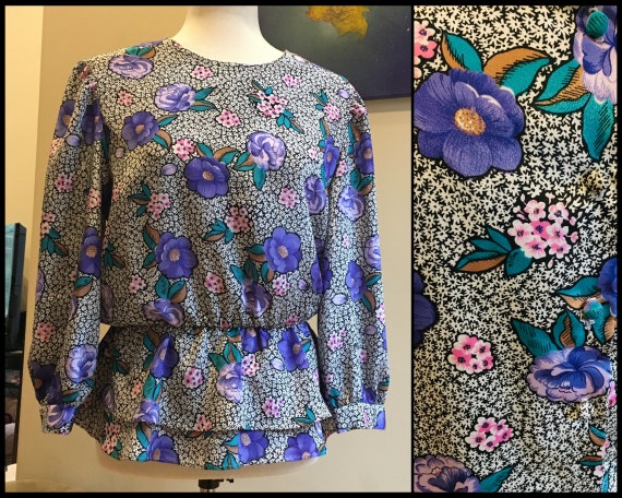 Vintage 80s Floral Peplum Style Top, Dressy Top F… - image 1