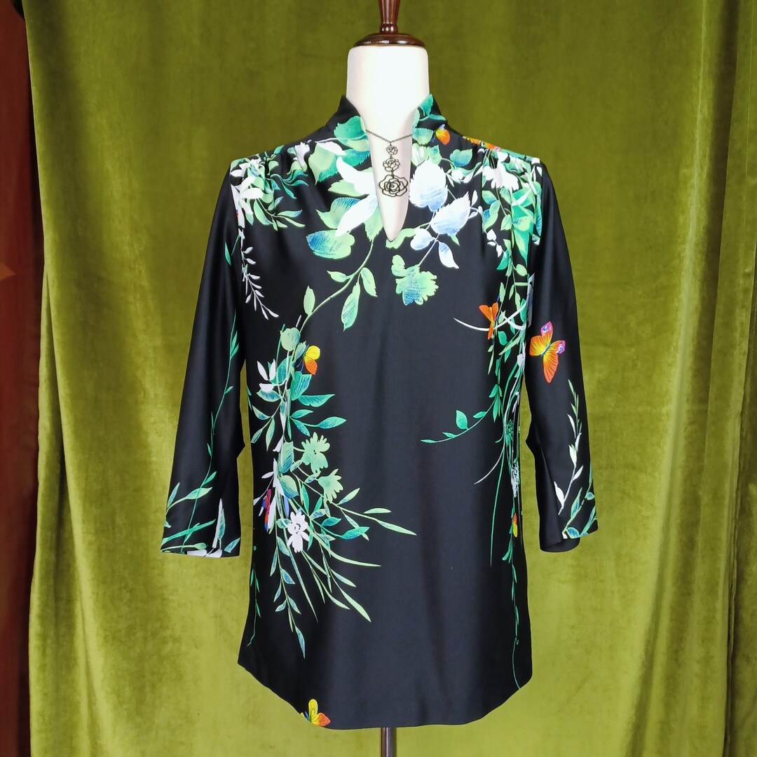 Gathered Neck Printed Top - Butterfly Gardens