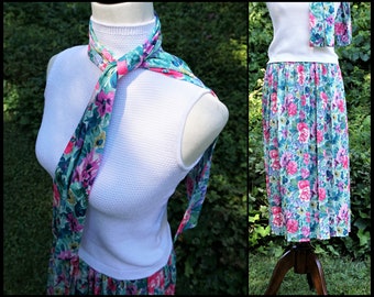 Volup Vintage 70s Pleated Floral Skirt With Matching Scarf, Brightly Colored Flower Print Midi Skirt Matching Head Scarf Neck Tie, XL/1X