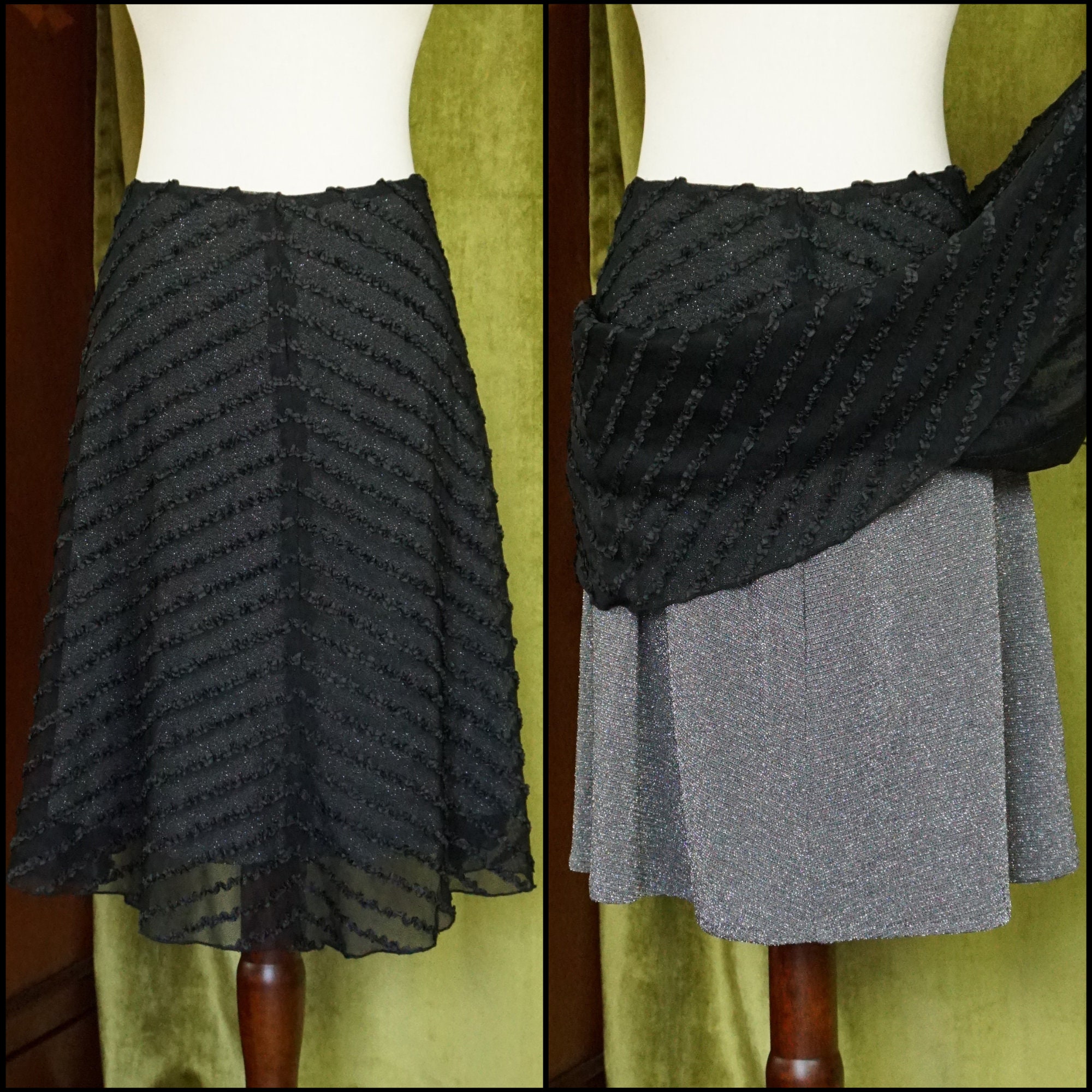Y2K Vintage Shimmery Black Mesh A-line Skirt, S/M