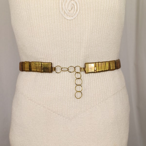 Vintage 70s Mixed Metal & Leather Belt, 31 – 34”, Brass + Copper, Chain Belt, Brutalist, Artisan, Hand Made, Unique Gift For Her, Unusual