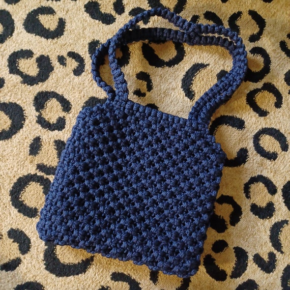 Vintage 70s Vintage Navy Blue Macrame Purse, Vint… - image 1
