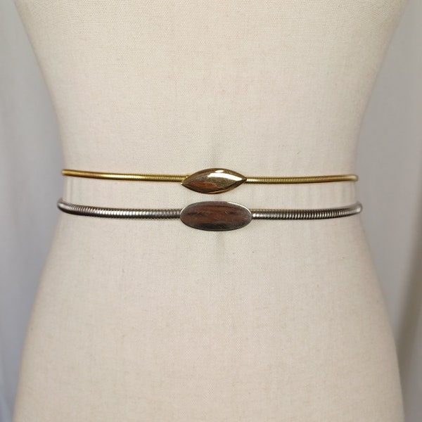 Pair of 70s 80s Vintage Metal Disco Belts, XS/S, Stretch Metal Coil Belts, Dainty, Glam, Minimalist, Capsule Wardrobe, Silver & Gold, Simple