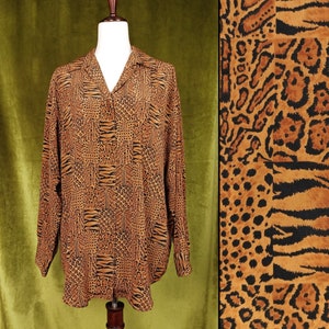 Vintage 90s Silky Mixed Animal Print Blouse, Large, Long Sleeves, Hidden Buttons, Silk Feel, Dressy Top, Tunic Length, Wear Over Leggings
