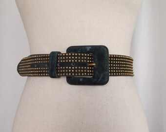 Vintage 80s Gold Studded Black Suede Belt, S/M, 26” – 30”, Rocker Vibes, Rave, Club Wear, Industrial Goth, Genuine Leather