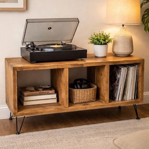 Rustic Reclaimed Wood Record Player Media HiFi Stand | Vinyl Storage With Dividers