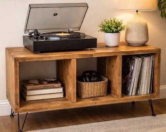 Rustic Reclaimed Wood Record Player Media HiFi Stand | Vinyl Storage With Dividers