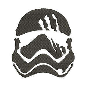 May include: A dark gray embroidered design of a Stormtrooper helmet, featuring the iconic shape with detailed stitching. The helmet's outline is clearly defined against a white background, showcasing the helmet's unique features.