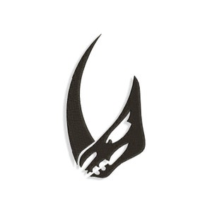 May include: Black and white silhouette of a Mandalorian symbol, a stylized image of a horned helmet.