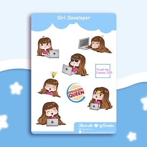 Può includere: Un set di adesivi digitali che mostrano una ragazza dei cartoni animati con i capelli castani e vestiti rosa in varie pose legate alla codificazione e allo sviluppo web. Gli adesivi includono testo come "Debugger Queen" e "Fidati di me, conosco il CSS".