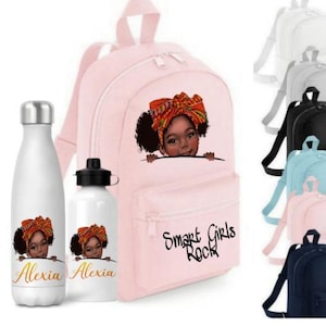 May include: Pink backpack featuring an illustration of a black girl and the text "Smart Girls Rock". The backpack is accompanied by two water bottles, one white and one with an illustration of a black girl. Both water bottles have the name "Alexia" on them.
