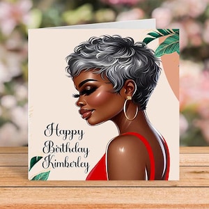 Biglietto di auguri per compleanno di una donna nera, biglietto di auguri personalizzato per una regina nera, biglietto per una mamma nera anziana, biglietto di auguri per compleanno di una donna nera con i capelli grigi, zia nera