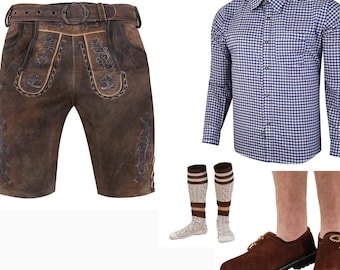 Men's Authentic Bavarian Brown Flower Lederhosen Oktoberfest Costume with Blue Shirt and Bavarian Shoes with Free Socks - Lederhosen Outfit