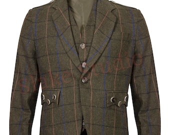 Scottish Men's Brown Tweed Wool Argyle Kilt Jacket with 5-Button Vest Argyle Wedding Jacket - Custom Made