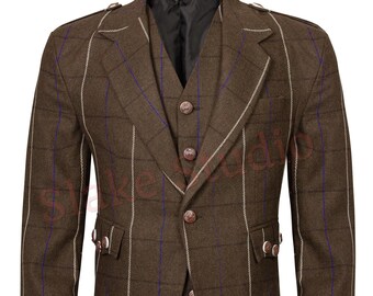 Men's Brown Tweed Wool Argyle Kilt Jacket with 5-Button Vest Argyle Wedding Jacket - Custom Made