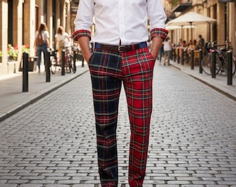 Custom Royal Stewart & Black Stewart Tartan Trousers | Men's Handmade Dress Pants for Wedding and Golf