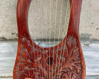 Handmade Rose Lyre Harp 10-String – Premium Rosewood Flower Design | Free Bag Tuning Key & Extra Strings - Irish Engraved Harp
