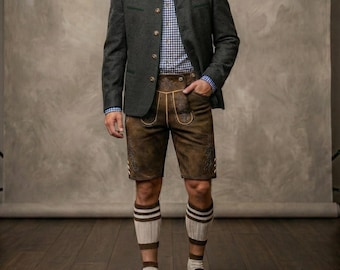 Complete Men's Authentic Bavarian Jacket Outfit Brown Lederhosen Oktoberfest Costume with Blue Shirt and Bavarian Shoes with Free Socks