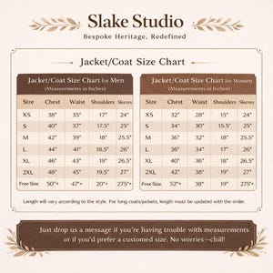 May include: A size chart for jackets and coats, with measurements in inches, for men and women. The chart includes sizes XS to 2XL, and free size, with chest, waist, shoulders, and sleeves measurements. The Slake Studio logo is at the top.