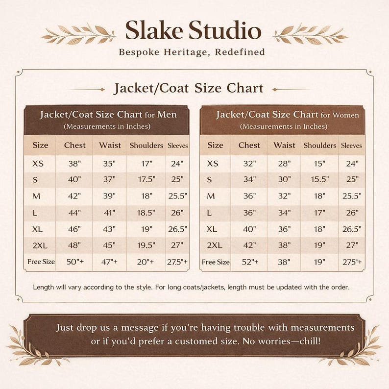 May include: A size chart for jackets and coats, with measurements in inches, for men and women. The chart includes sizes XS to 2XL, and free size, with chest, waist, shoulders, and sleeves measurements. The Slake Studio logo is at the top.