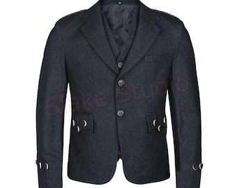 Custom Made - Scottish Charcoal Grey Tweed Wool Argyle Kilt Jacket with Vest – Men's Highland Wedding Argyll Jacket