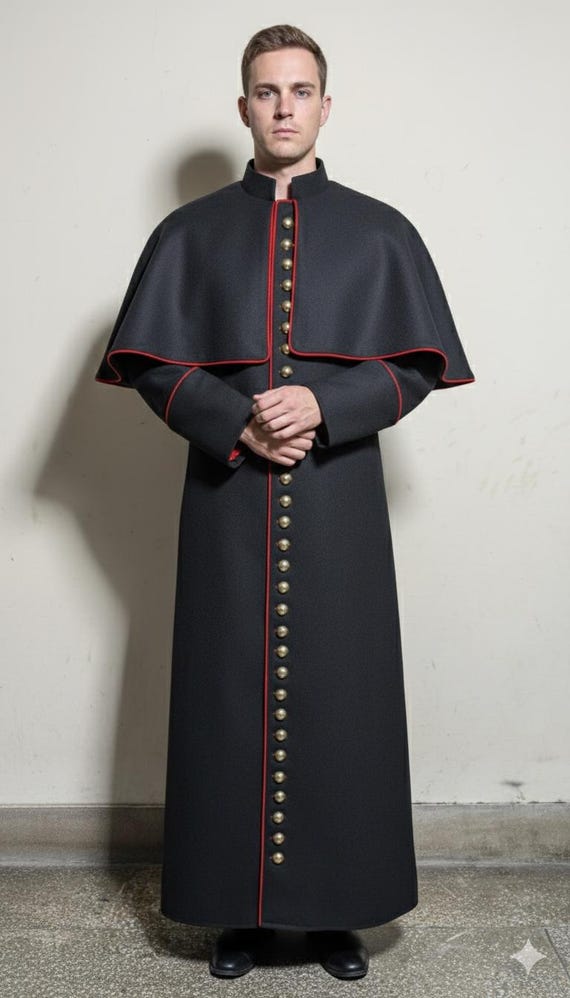 Roman Bishop Cassock & Inverness Cape - Clergy Robe for Men - Priest Costume - Medieval Religious Vestment - Soutane with Shoulder Cape