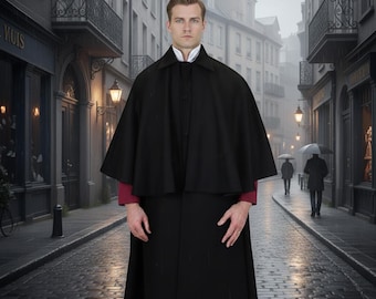 Custom Made Wool Inverness Black Cape | Men's Long Winter Overcoat | Classic Tailored Cape Coat | Victorian Outerwear