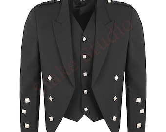 Scottish Men's Handmade Prince Charlie Kilt Jacket with 5 Button Waistcoat Wedding Jacket Available in Variety of Colors