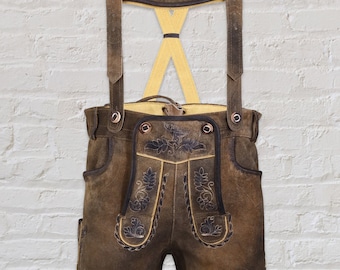 German Oktoberfest Costume for Men Genuine Bavarian Lederhosen | Traditional Men's Lederhosen | Trachten Short Brown Lederhosen