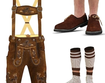Men's Authentic Bavarian Brown Deer Lederhosen Oktoberfest Costume with Bavarian Shoes with FREE Socks