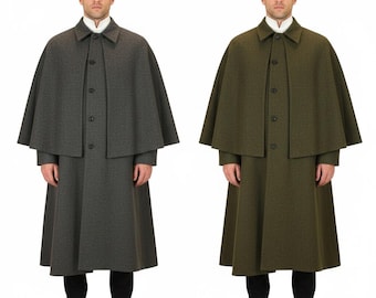 Custom Made Wool Inverness Coat with Cape | Men's Long Winter Overcoat | Classic Tailored Cape Coat | Victorian Outerwear