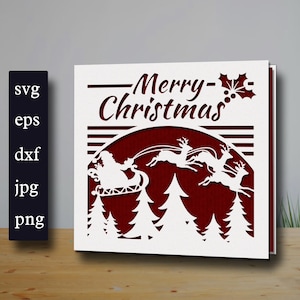 Vrolijke Kerstkaart svg, Kerstkaarten Sjabloon EPS, DXF, SVG, pdf Kerstuitnodiging bestand, Papercut Card, berkenboom svg