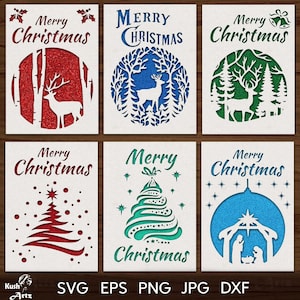 6 Merry Christmas Card Bundle svg Christmas Card Template Xmas Card Lettering Card Svg DIY Christmas Card Papercut Card, Birch Tree