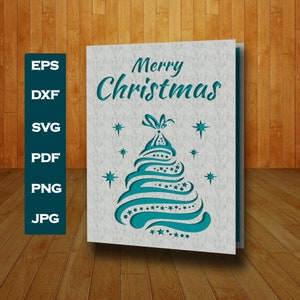 Cartão de feliz Natal SVG, modelo de cartões de Natal EPS, arquivo de convite de Natal SVG, cartão de corte de papel, árvore de bétula svg Papai Noel svg