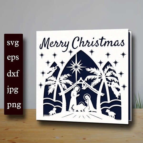 Feliz tarjeta de Navidad svg, Plantilla de tarjetas de Navidad EPS, DXF, SVG, pdf Archivo de invitación de Navidad, Tarjeta Papercut, abedul svg