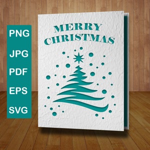 Merry Christmas Cards, Christmas Cards Template SVG, PDF, PNG, jpg Christmas invitation file, Papercut Card, birch tree svg Santa Claus svg