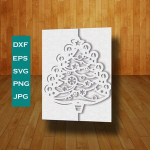 Christmas Card Cut Template Classic Lettering Card Svg Png Dfx Eps DIY Paper Papercut Laser Cut File Santa Christmas Tree Silhouette Cricut