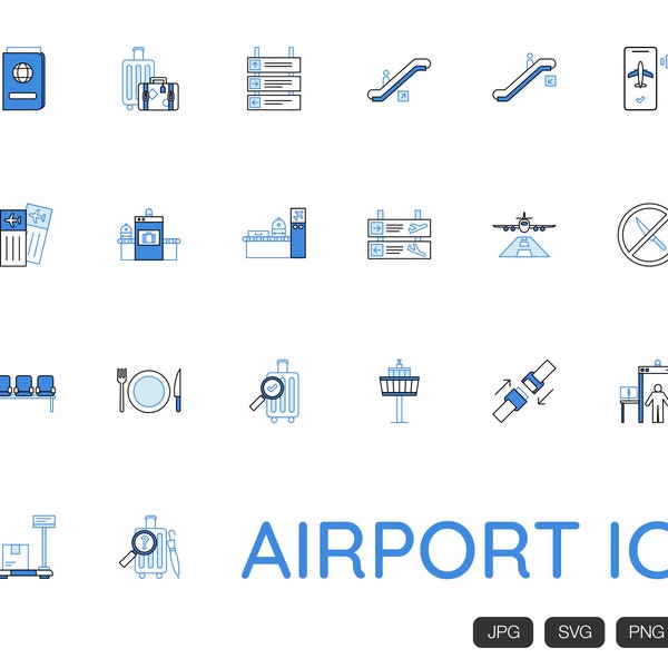 Airport Blue Line Icon SVG JPG PNG Digital Download - 27 Airfield Airplane Collection Item Clipart Illustration Vektor