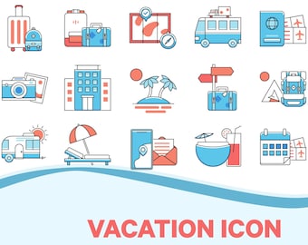 Vacation Holiday Two Tone Outline Icon SVG JPG PNG Digital Download - 18 Travelling Picnic Beach Clipart Illustration Vector