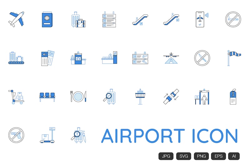 Airport Blue Line Icon SVG JPG PNG Digital Download 27 Airfield Airplane Collection Item Clipart Illustration Vector image 1