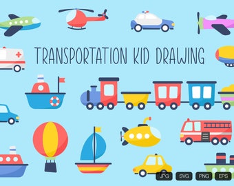 Transportation Kid Drawing Icon SVG Digital Download - 16 Children Vehicle Car Clipart Illustration Vector